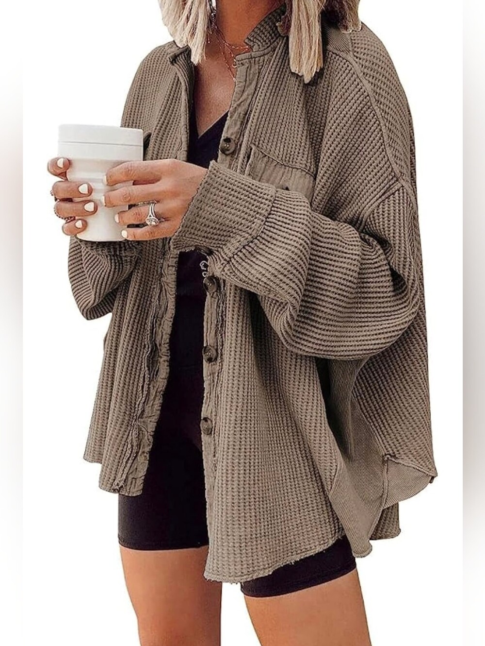🧇 Oversized Waffle-Knit Button-Up Shacket 🧇